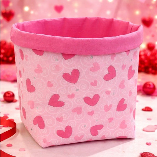 Handmade Valentine Fabric Storage Basket Pink Heart Gift Basket Valentine’s Day