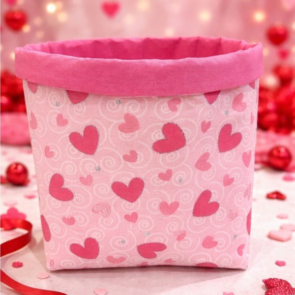 Handmade Valentine Fabric Storage Basket Pink Heart Gift Basket Valentine’s Day