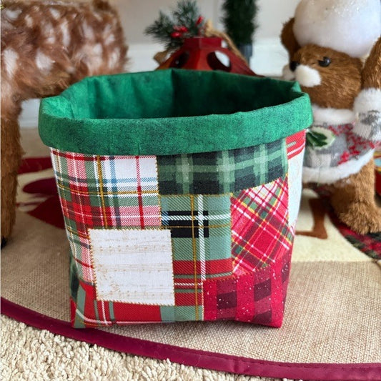 Handmade Christmas Fabric Basket Holiday Gift Basket Plaid Christmas Decor