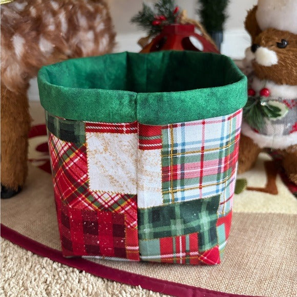 Handmade Christmas Fabric Basket Holiday Gift Basket Plaid Christmas Decor