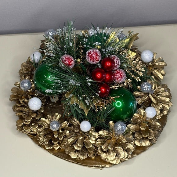 Christmas Gold Pinecone Holiday Arrangement with Red and Green Ornaments