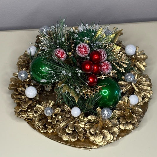 Christmas Gold Pinecone Holiday Arrangement with Red and Green Ornaments