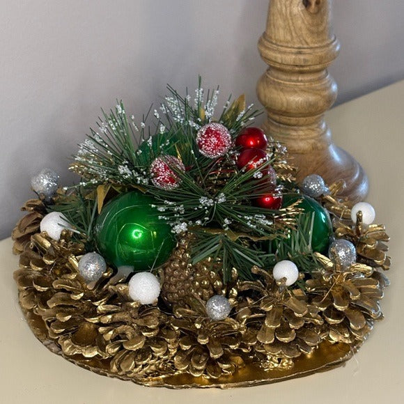 Christmas Gold Pinecone Holiday Arrangement with Red and Green Ornaments