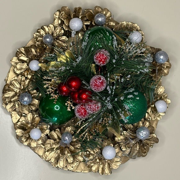Christmas Gold Pinecone Holiday Arrangement with Red and Green Ornaments