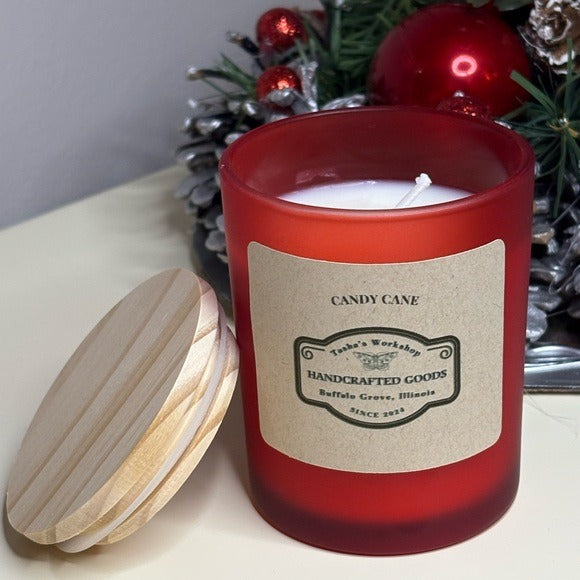 Candy Cane Soy Wax Candle Hand-Poured Holiday Candle in Frosted Red Jar 7oz
