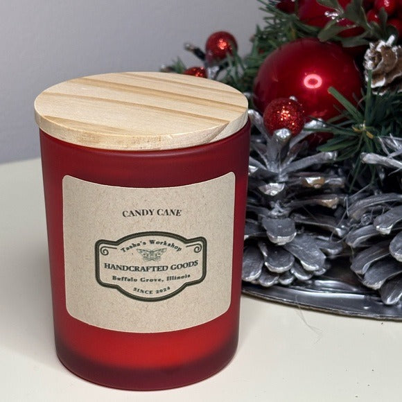 Candy Cane Soy Wax Candle Hand-Poured Holiday Candle in Frosted Red Jar 7oz
