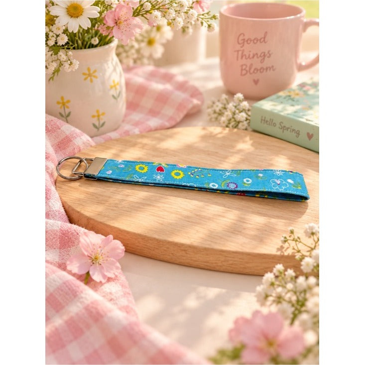 Blue Floral Keychain Wristlet