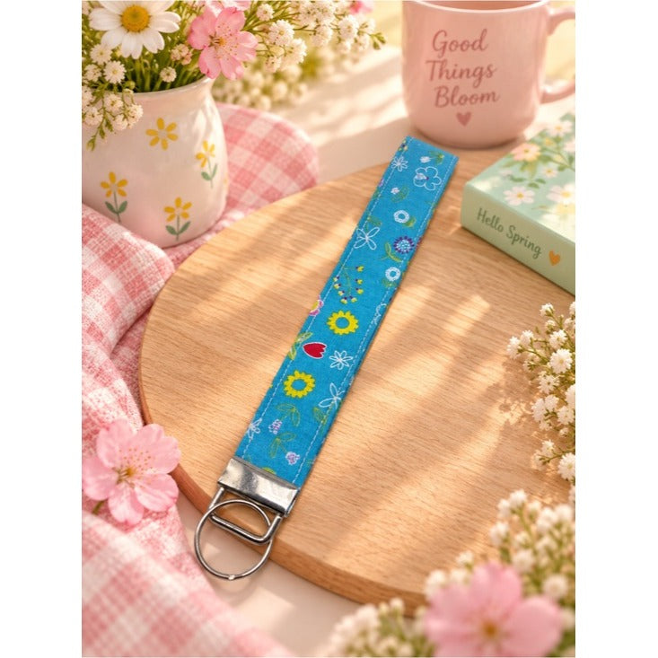 Blue Floral Keychain Wristlet