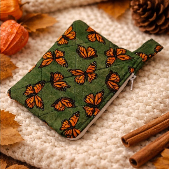 Monarch Butterfly Green Quilted Keychain Wallet