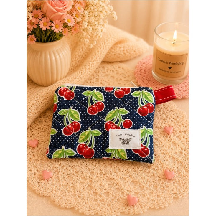 Cherry Blossom Quilted Zipper Wallet Handmade Cotton Coin Purse & Small Organiz