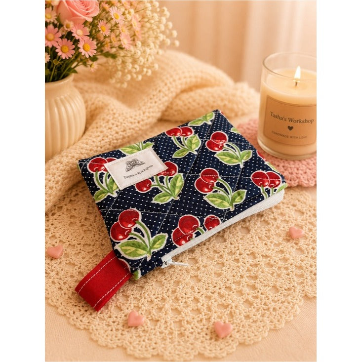 Cherry Blossom Quilted Zipper Wallet Handmade Cotton Coin Purse & Small Organiz