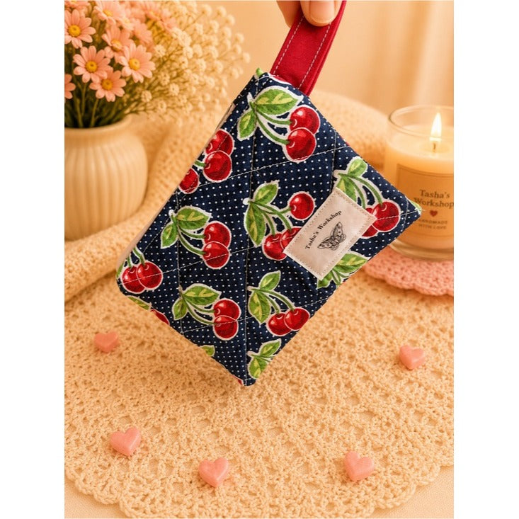 Cherry Blossom Quilted Zipper Wallet Handmade Cotton Coin Purse & Small Organiz