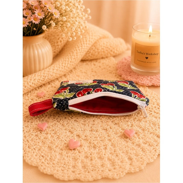 Cherry Blossom Quilted Zipper Wallet Handmade Cotton Coin Purse & Small Organiz