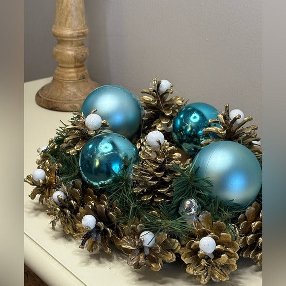 Christmas Gold and Blue Holiday Centerpiece