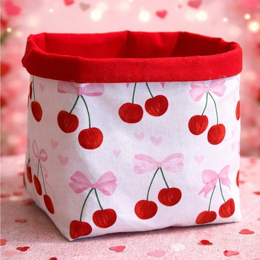 Valentine’s Cherry Fabric Storage Basket Handmade Gift Basket Home Décor