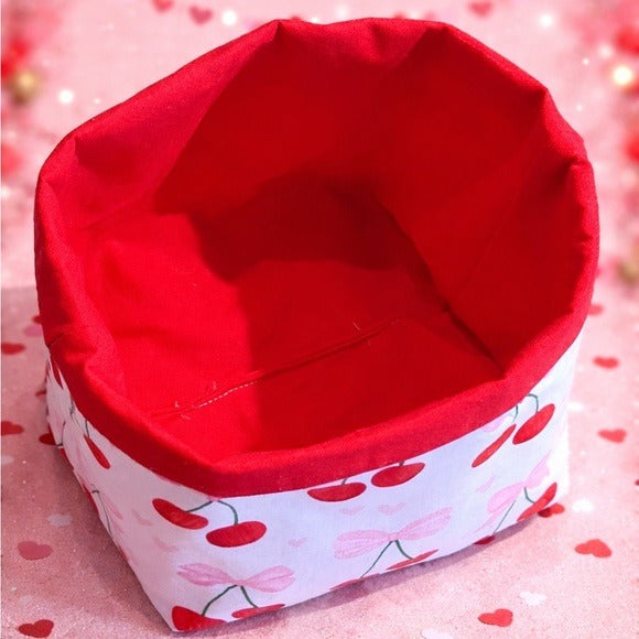 Valentine’s Cherry Fabric Storage Basket Handmade Gift Basket Home Décor