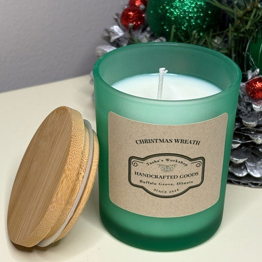 Christmas Wreath Soy Wax Scented Candle Holiday Candle in Frosted Green Jar 7oz