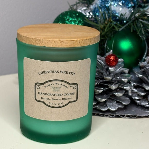 Christmas Wreath Soy Wax Scented Candle Holiday Candle in Frosted Green Jar 7oz